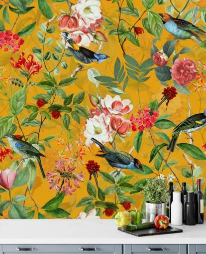 mustard yellow floral wallpaper