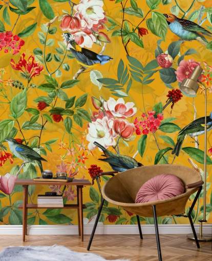 papel de parede floral amarelo mostarda