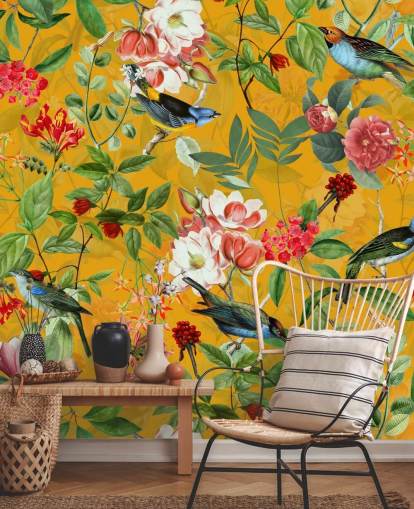 papel de parede floral amarelo mostarda