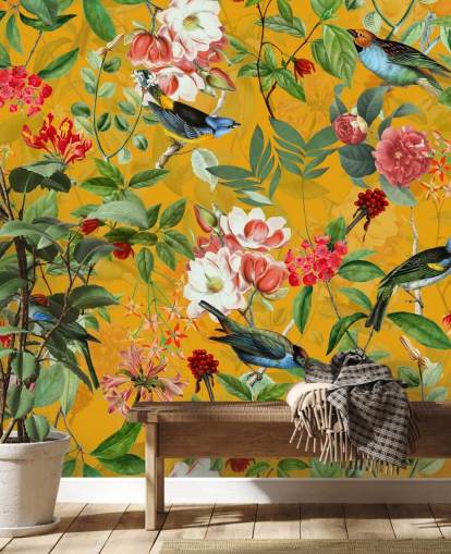 papel de parede floral amarelo mostarda papel de parede floral amarelo mostarda