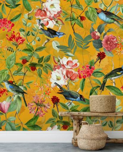 papel de parede floral amarelo mostarda