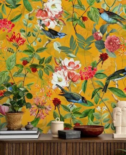 mosterdgeel bloemenbehang