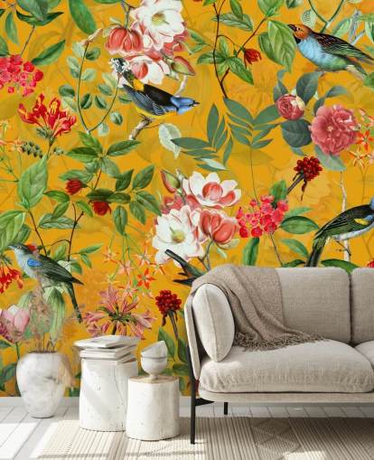 papel pintado floral amarillo mostaza