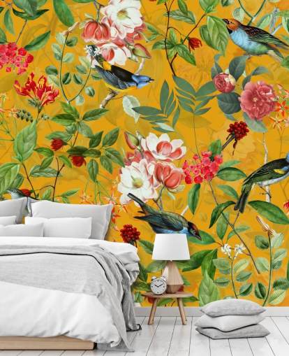 papel de parede floral amarelo mostarda