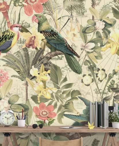 papel de parede de pássaros e flores