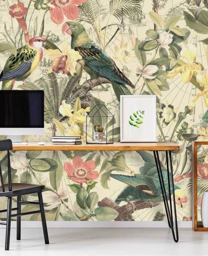 vogels en bloemen behang