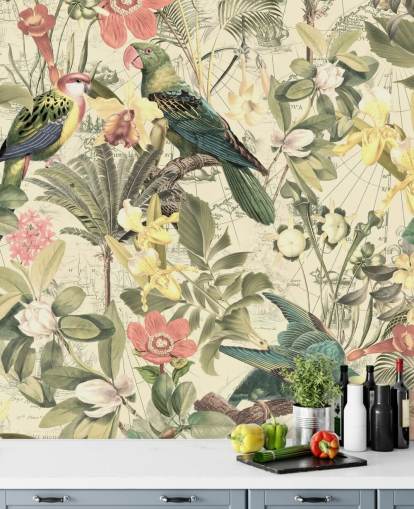 vogels en bloemen behang