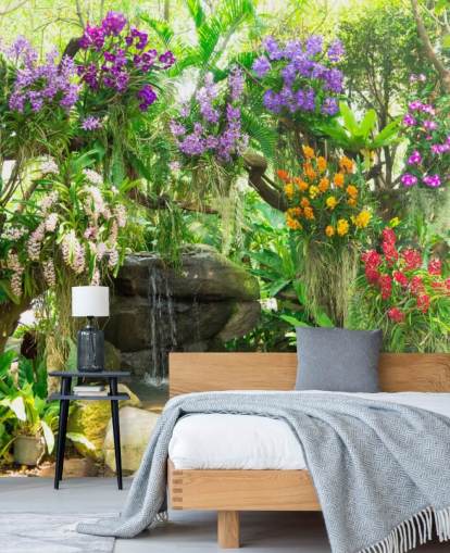 little waterfall and flowers in garden wallpaper