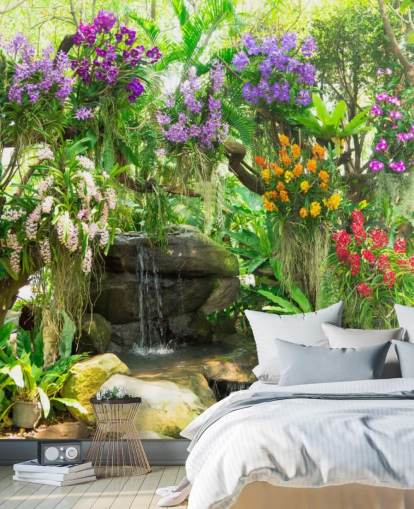 little waterfall and flowers in garden wallpaper