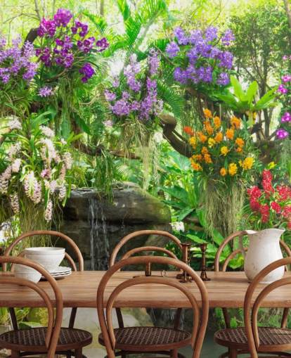 little waterfall and flowers in garden wallpaper