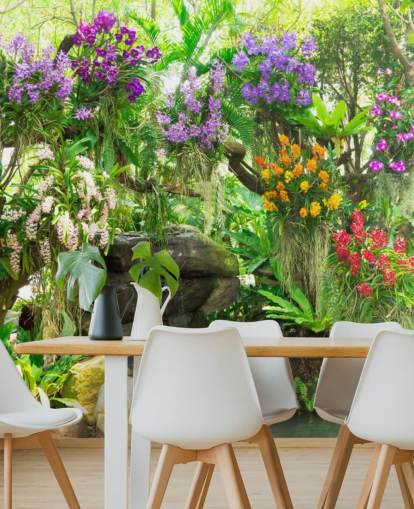 little waterfall and flowers in garden wallpaper