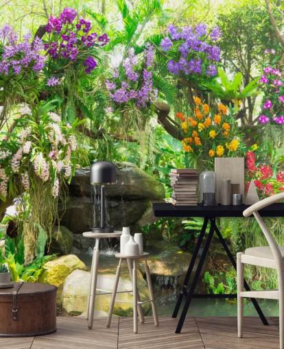 little waterfall and flowers in garden wallpaper