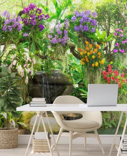 little waterfall and flowers in garden wallpaper