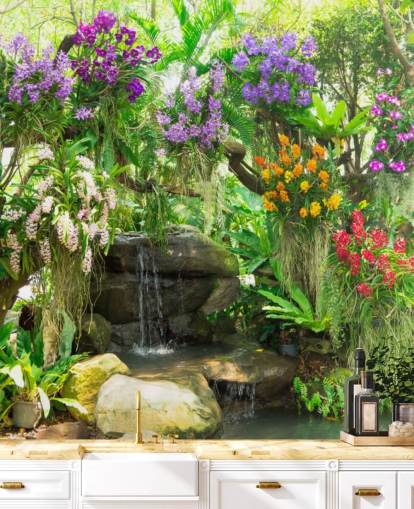 petite cascade et fleurs dans le papier peint de jardin petite cascade et fleurs dans le papier peint de jardin