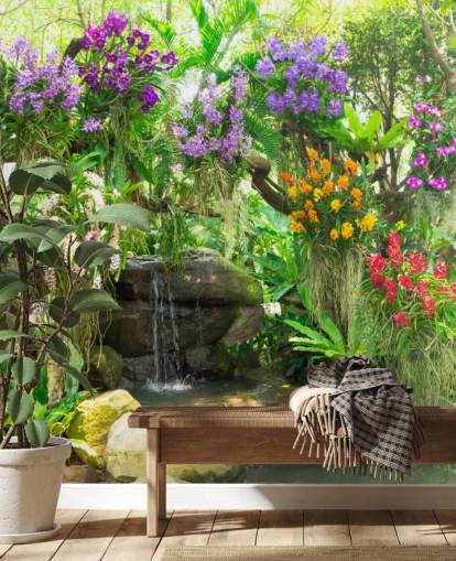 pequeño fondo de pantalla cascada y flores en el jardín