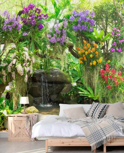 little waterfall and flowers in garden wallpaper