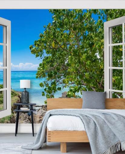 behang met tropisch uitzicht op het strand genaamd Tropical Vista voor huizen, kantoren en bedrijven behang met tropisch uitzicht op het strand genaamd Tropical Vista voor huizen, kantoren en bedrijven