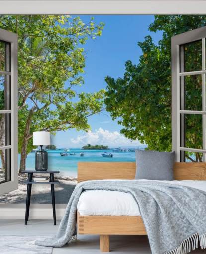 vit och blå exotisk strandfönster väggmålning som heter Paradise Bay View för hem och företag vit och blå exotisk strandfönster väggmålning som heter Paradise Bay View för hem och företag