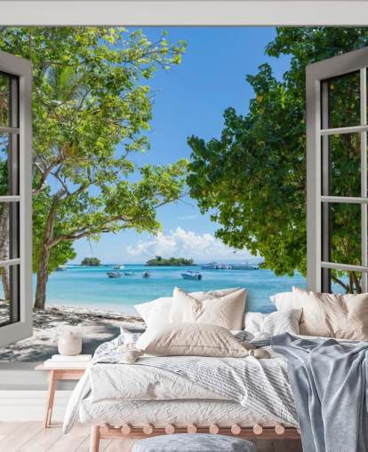 witte en blauwe exotische stranderraammuurschildering genaamd Paradise Bay View voor huizen en bedrijven witte en blauwe exotische stranderraammuurschildering genaamd Paradise Bay View voor huizen en bedrijven