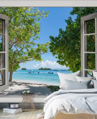 witte en blauwe exotische stranderraammuurschildering genaamd Paradise Bay View voor huizen en bedrijven