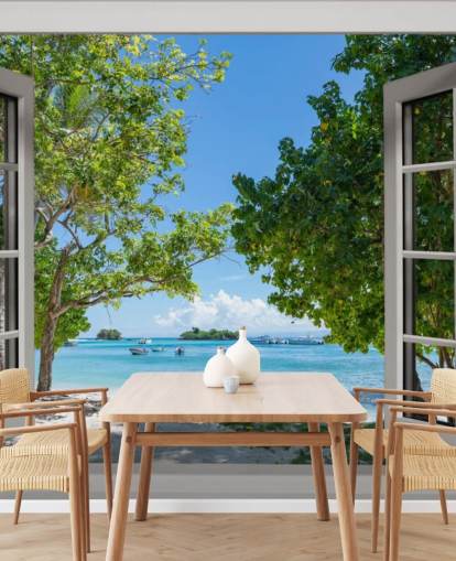 witte en blauwe exotische stranderraammuurschildering genaamd Paradise Bay View voor huizen en bedrijven