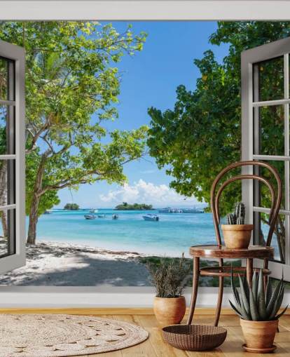 Weiß-blaues exotisches Strandfenster-Wandbild namens Paradise Bay View für Privathaushalte und Unternehmen Weiß-blaues exotisches Strandfenster-Wandbild namens Paradise Bay View für Privathaushalte und Unternehmen