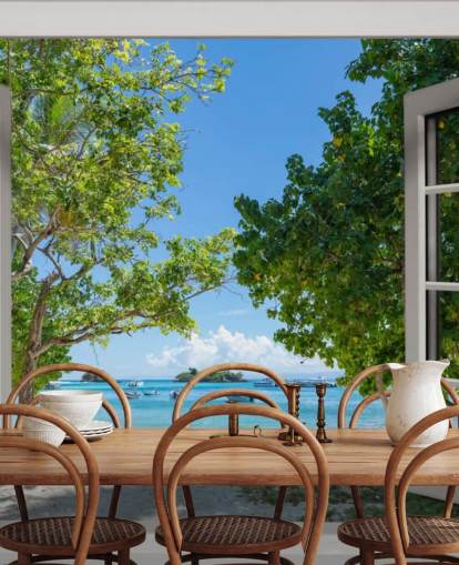 valkoinen ja sininen eksoottinen rantaikkunan seinämaalaus nimeltä Paradise Bay View kodeille ja yrityksille valkoinen ja sininen eksoottinen rantaikkunan seinämaalaus nimeltä Paradise Bay View kodeille ja yrityksille