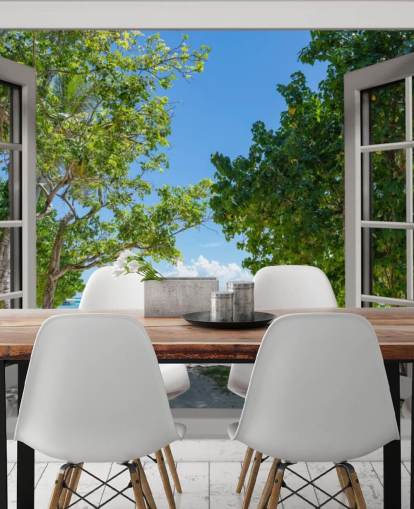 white and blue exotic beach window wall mural called Paradise Bay View for homes and businesses