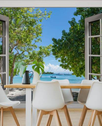 mural de pared de ventana de playa exótico blanco y azul llamado Paradise Bay View para hogares y negocios