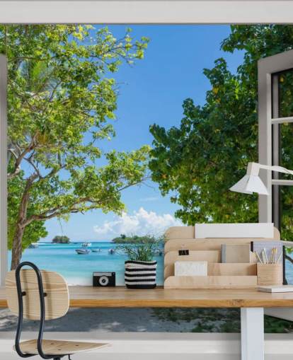 murale bianco e blu con finestra sulla spiaggia esotica chiamato Paradise Bay View per case e aziende murale bianco e blu con finestra sulla spiaggia esotica chiamato Paradise Bay View per case e aziende