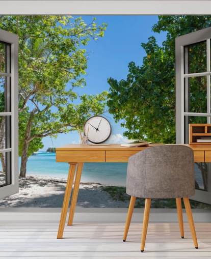 valkoinen ja sininen eksoottinen rantaikkunan seinämaalaus nimeltä Paradise Bay View kodeille ja yrityksille