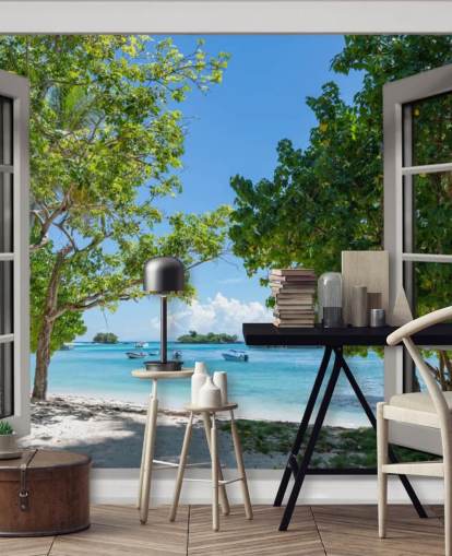 white and blue exotic beach window wall mural called Paradise Bay View for homes and businesses
