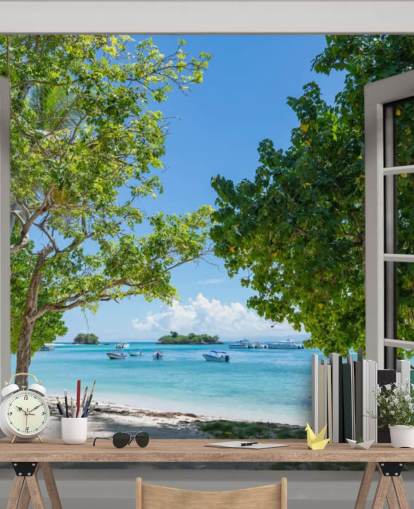 white and blue exotic beach window wall mural called Paradise Bay View for homes and businesses