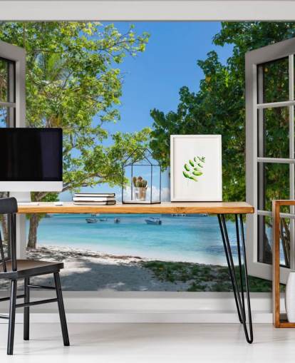 white and blue exotic beach window wall mural called Paradise Bay View for homes and businesses