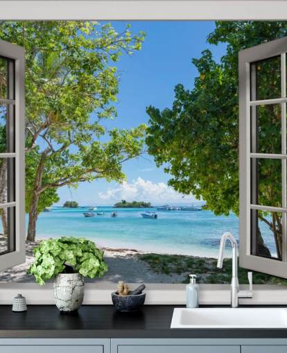 mural de pared de ventana de playa exótico blanco y azul llamado Paradise Bay View para hogares y negocios mural de pared de ventana de playa exótico blanco y azul llamado Paradise Bay View para hogares y negocios