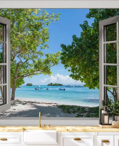 white and blue exotic beach window wall mural called Paradise Bay View for homes and businesses