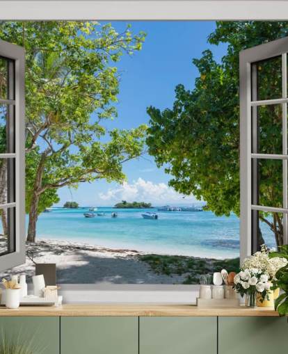 white and blue exotic beach window wall mural called Paradise Bay View for homes and businesses