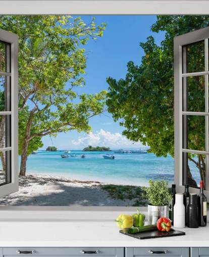 white and blue exotic beach window wall mural called Paradise Bay View for homes and businesses
