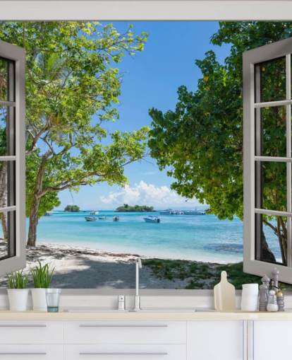 valkoinen ja sininen eksoottinen rantaikkunan seinämaalaus nimeltä Paradise Bay View kodeille ja yrityksille valkoinen ja sininen eksoottinen rantaikkunan seinämaalaus nimeltä Paradise Bay View kodeille ja yrityksille