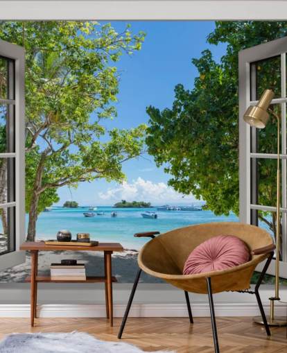 Weiß-blaues exotisches Strandfenster-Wandbild namens Paradise Bay View für Privathaushalte und Unternehmen Weiß-blaues exotisches Strandfenster-Wandbild namens Paradise Bay View für Privathaushalte und Unternehmen