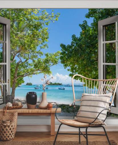 mural de pared de ventana de playa exótico blanco y azul llamado Paradise Bay View para hogares y negocios