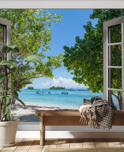 murale bianco e blu con finestra sulla spiaggia esotica chiamato Paradise Bay View per case e aziende murale bianco e blu con finestra sulla spiaggia esotica chiamato Paradise Bay View per case e aziende