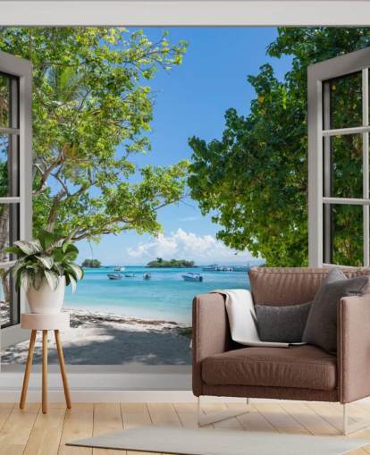 hvidt og blåt eksotisk strandvindue vægmaleri kaldet Paradise Bay View til hjem og virksomheder hvidt og blåt eksotisk strandvindue vægmaleri kaldet Paradise Bay View til hjem og virksomheder