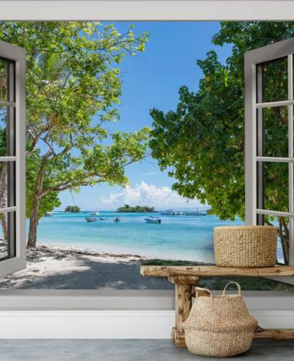 witte en blauwe exotische stranderraammuurschildering genaamd Paradise Bay View voor huizen en bedrijven