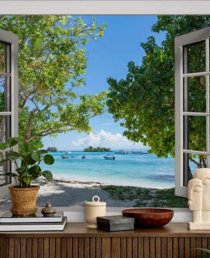 mural de pared de ventana de playa exótico blanco y azul llamado Paradise Bay View para hogares y negocios