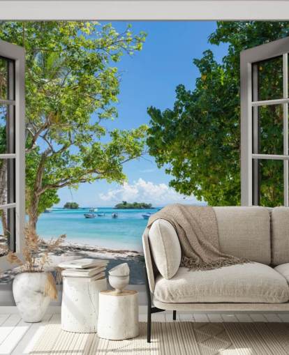 murale bianco e blu con finestra sulla spiaggia esotica chiamato Paradise Bay View per case e aziende