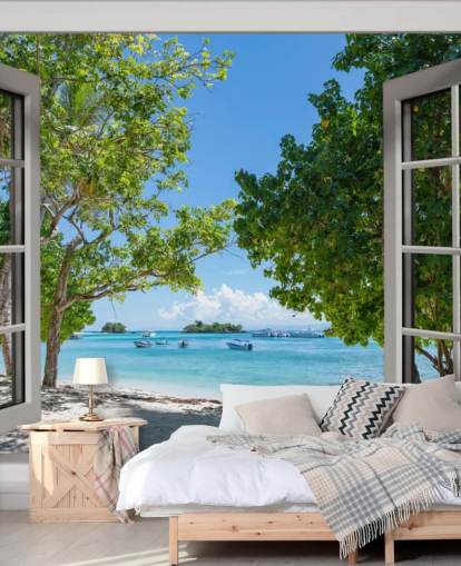 mural de parede de janela de praia exótico branco e azul chamado Paradise Bay View para residências e empresas