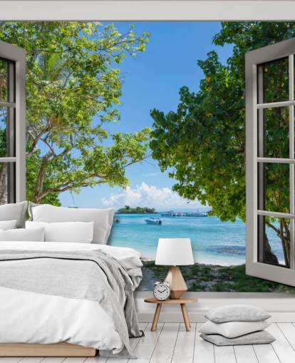 valkoinen ja sininen eksoottinen rantaikkunan seinämaalaus nimeltä Paradise Bay View kodeille ja yrityksille