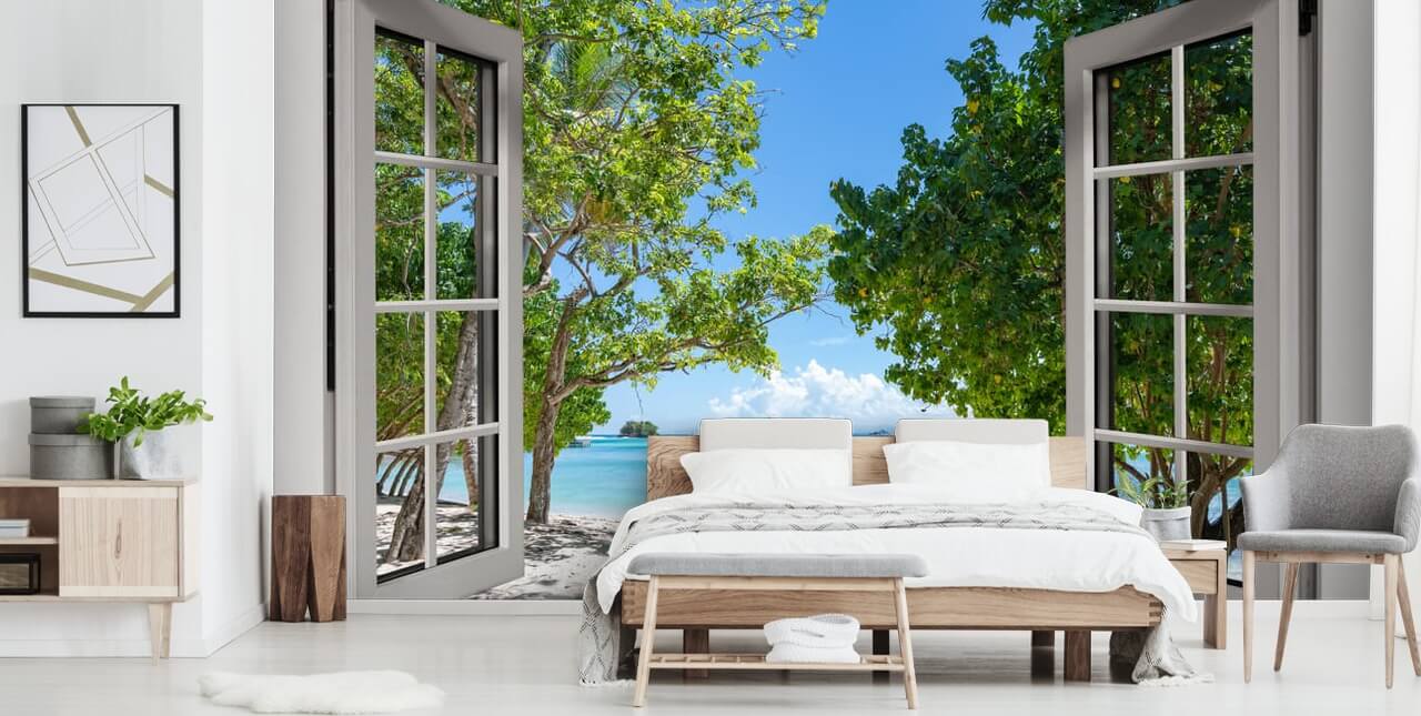 fresque murale de plage exotique blanche et bleue appelée Paradise Bay View pour les maisons et les entreprises