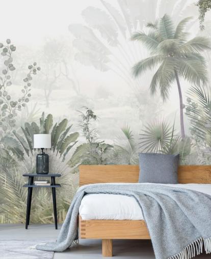 Muted green jungle landscape wallpaper with tall plam trees and a hazy background